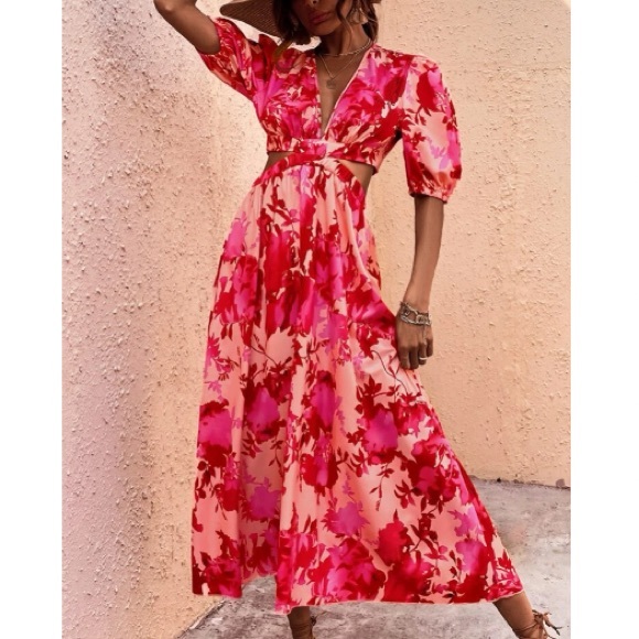 Boho red floral print cutout maxi dress - Picture 6 of 8